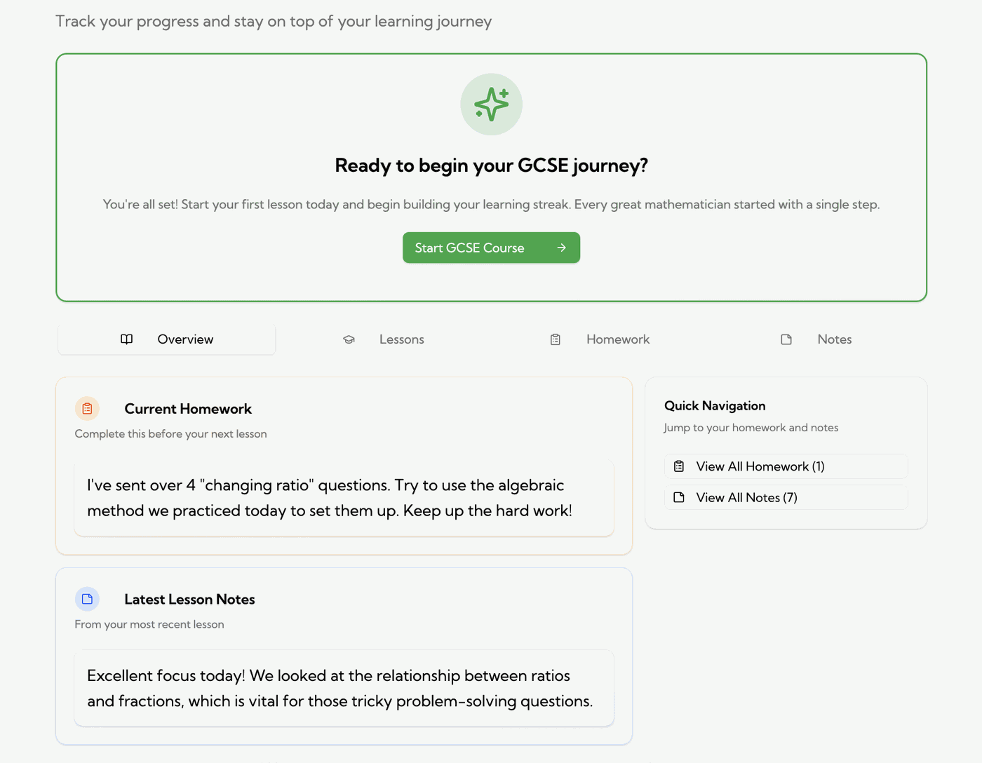 GG Maths online student portal showing homework, lesson notes and progress tracking